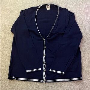 Vintage Anne Klein Navy Cardigan with White Trim, Size L